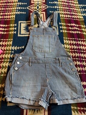 Striped Denim Short Overalls - Blue & White